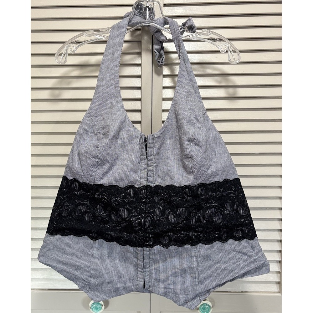 Torrid Gray/Black Halter Tie Neck Elastic Back Top Size 1 Lace Hook Eye Closure